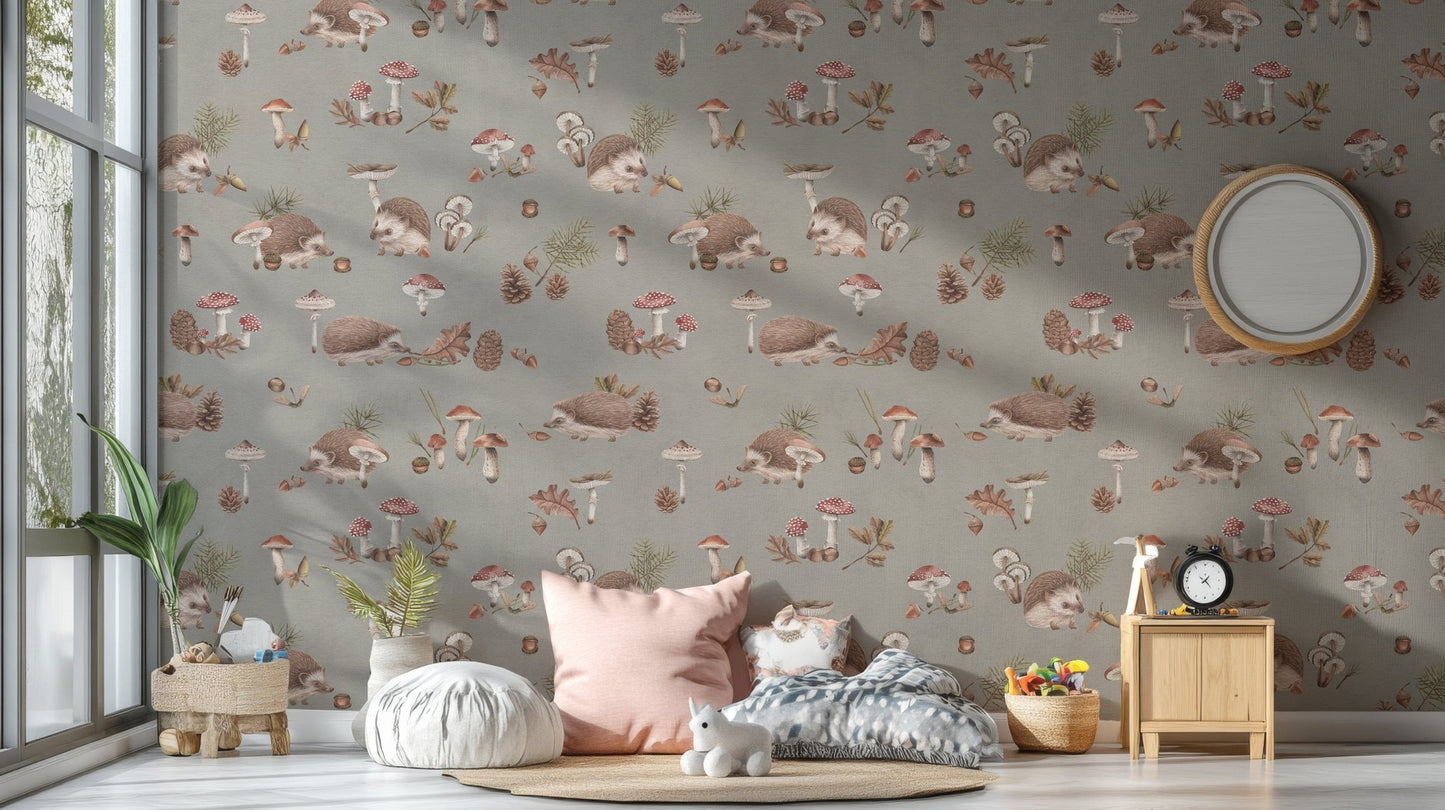 Hedgehog and mushroom wallpaper design
