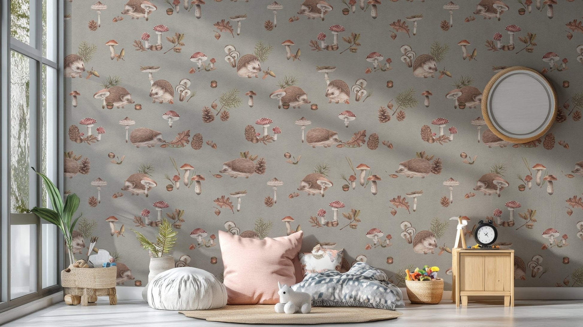 Hedgehog and mushroom wallpaper design
