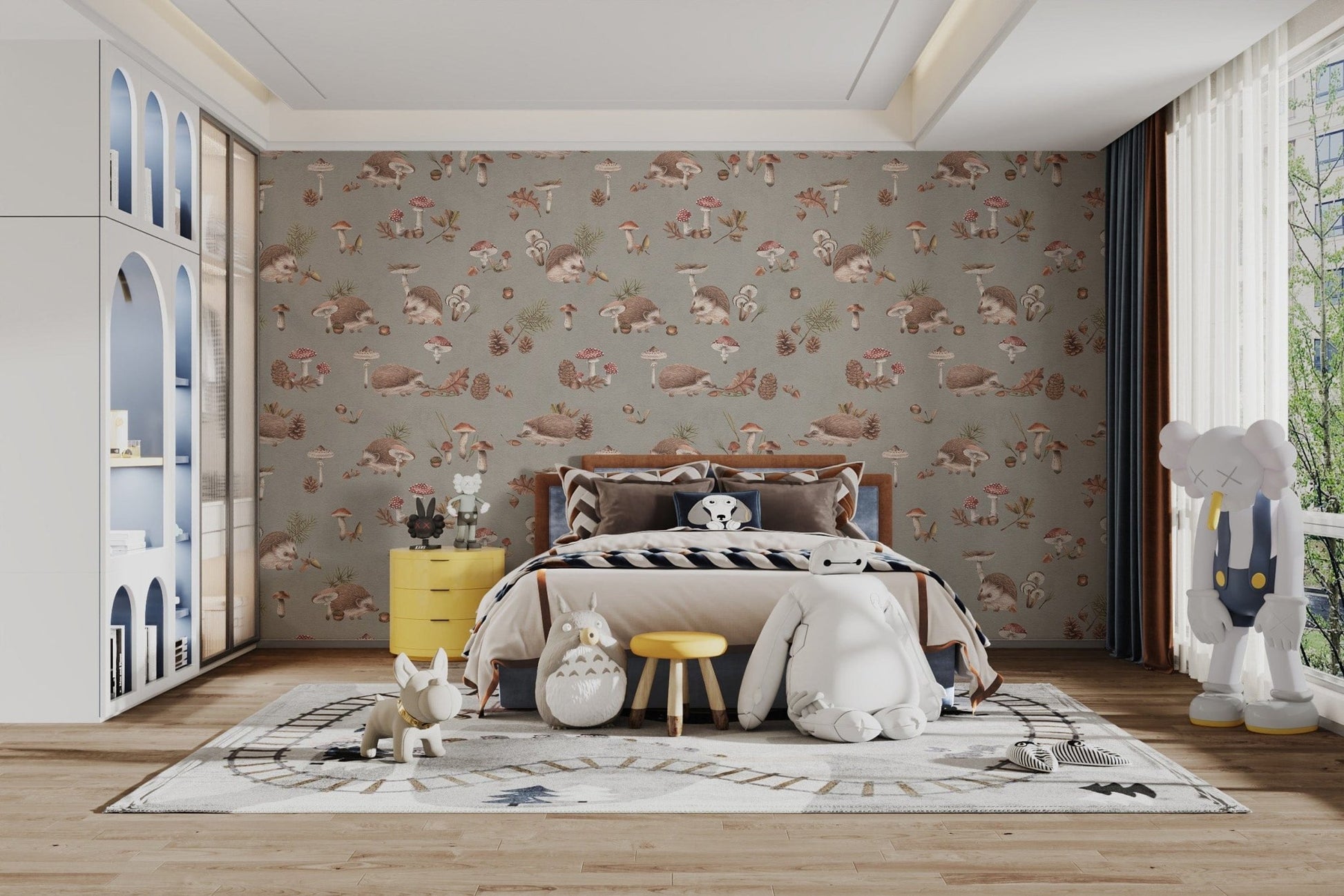 Hedgehog sage green nursery wallpaper
