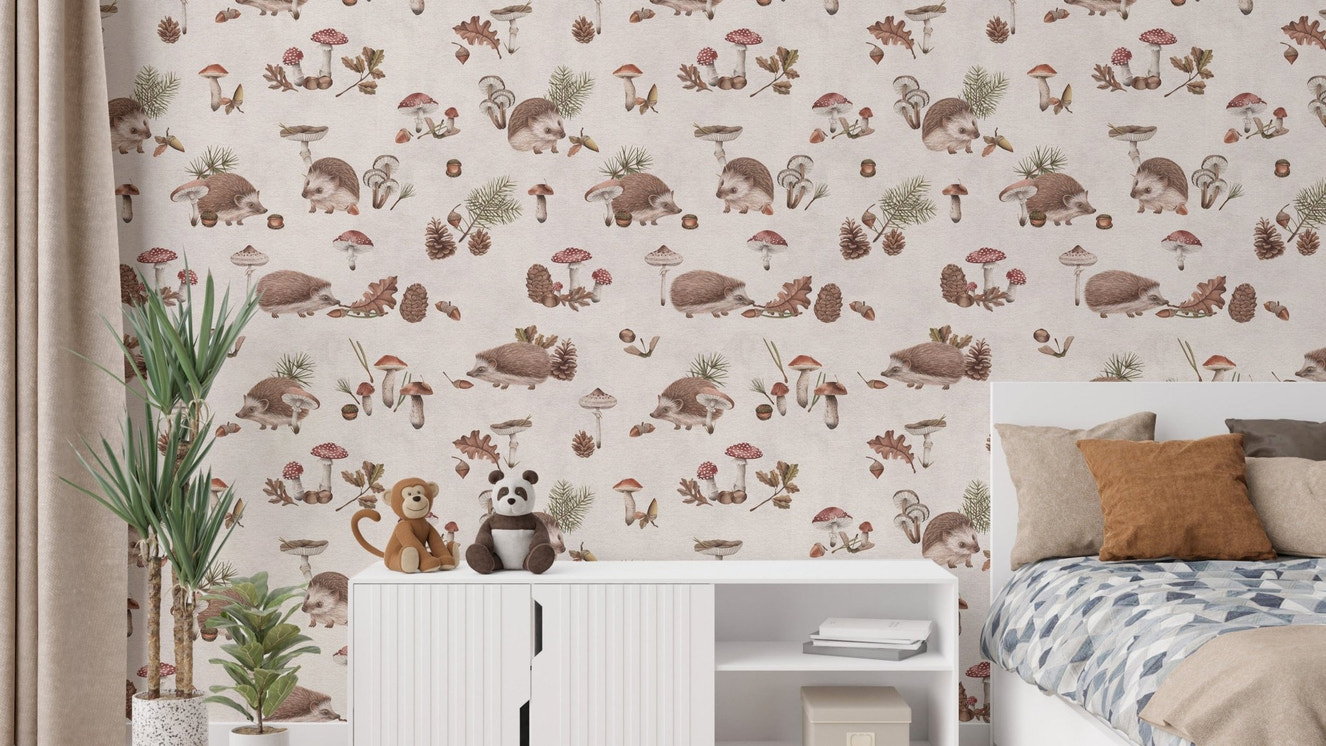 Rustic taupe woodland wallpaper for nursery
