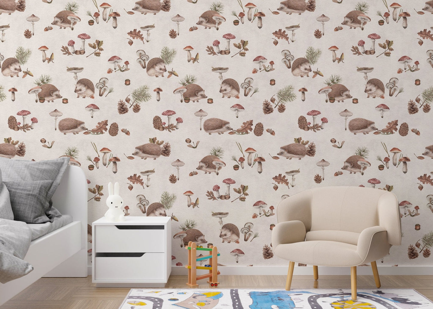 Hedgehog forest taupe nursery wallpaper
 KB102