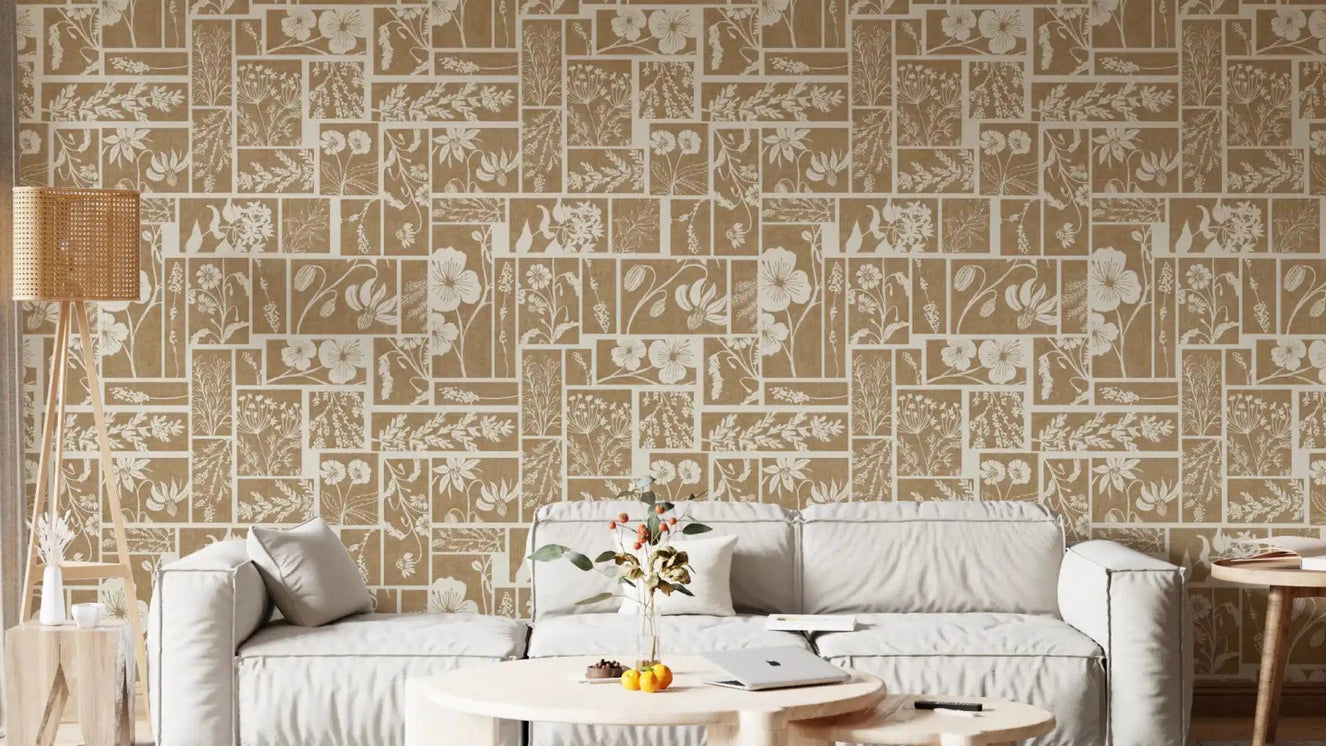 Living room with Heirloom Botanical Patch Wallpaper in beige floral patch panels