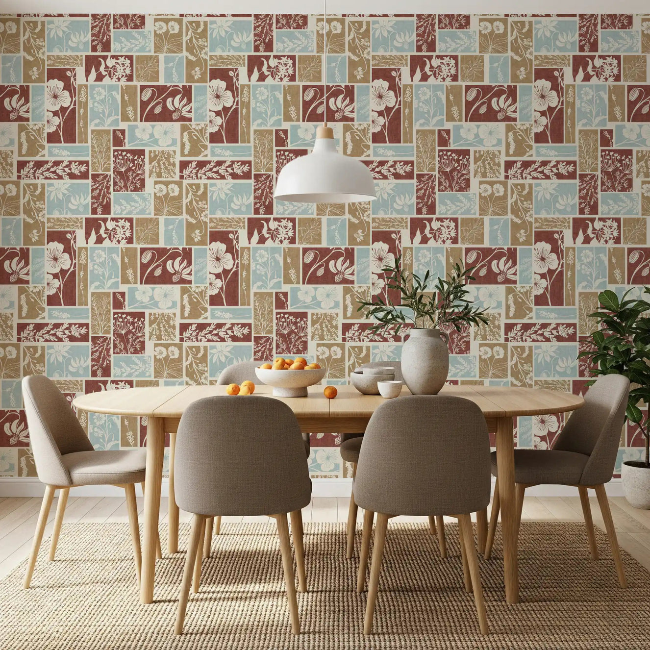 Dining room with Heirloom Botanical Patchwork Rustic wallpaper in warm floral panels