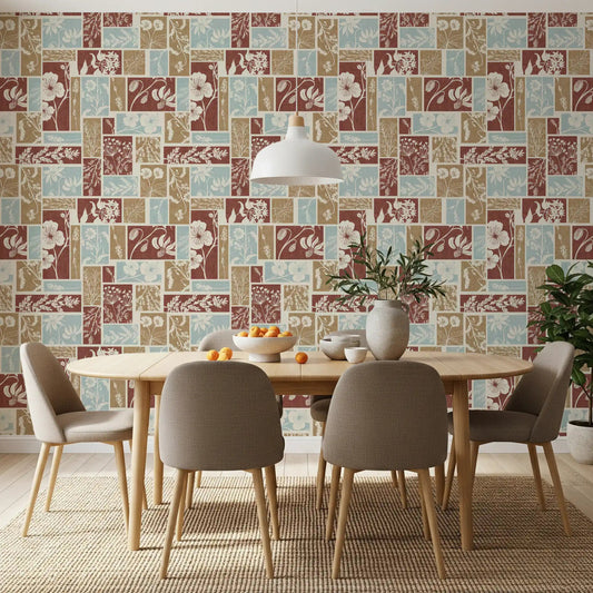Dining room with Heirloom Botanical Patchwork Rustic wallpaper in warm floral panels