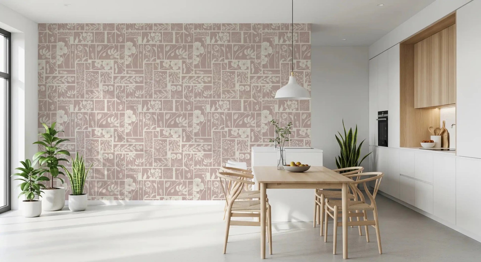 Kichen showing Heirloom Floral Patchwork Batik wallpaper in vintage block layout, GD9015