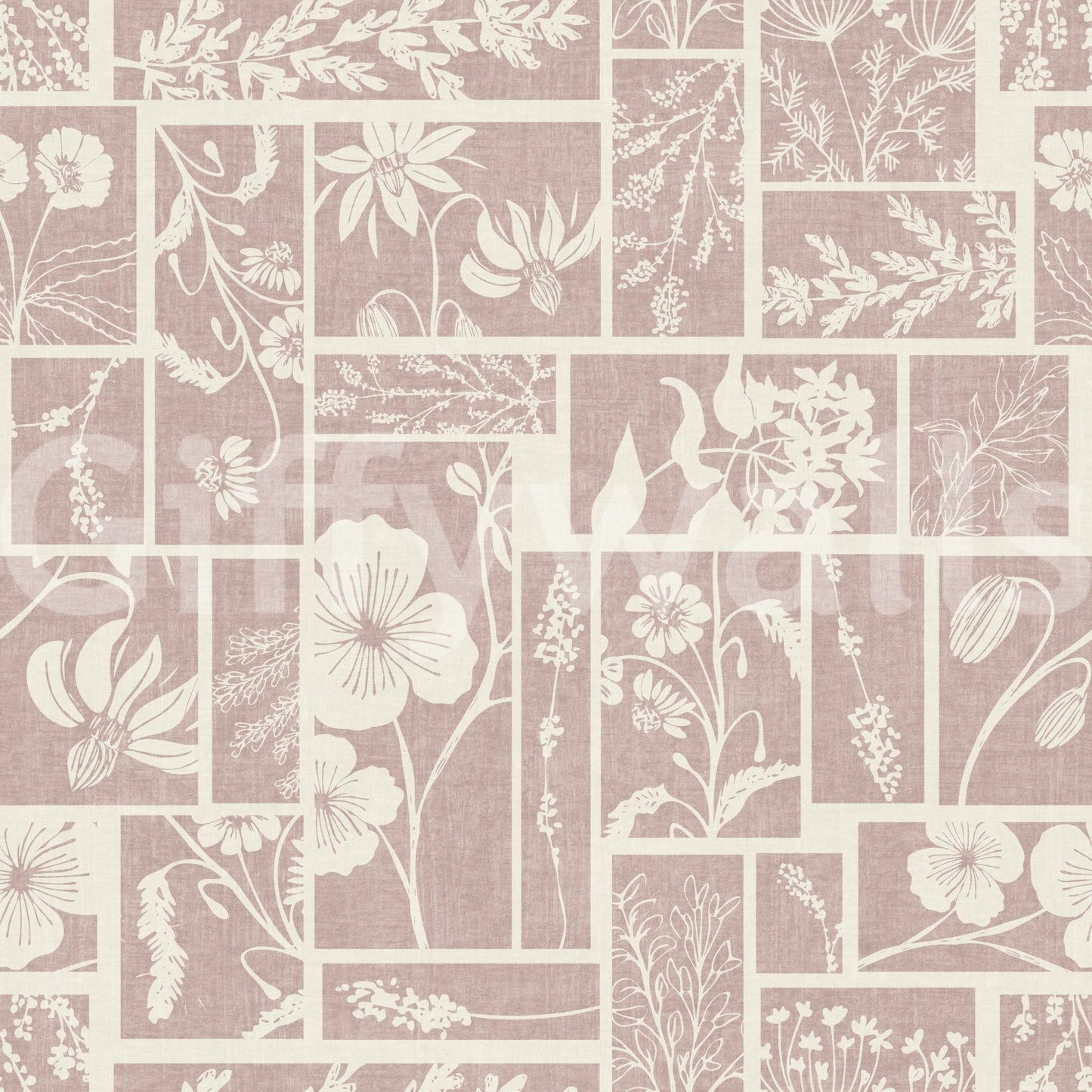 Pale blush wallpaper with floral patch panels and batik-inspired character, GD9015