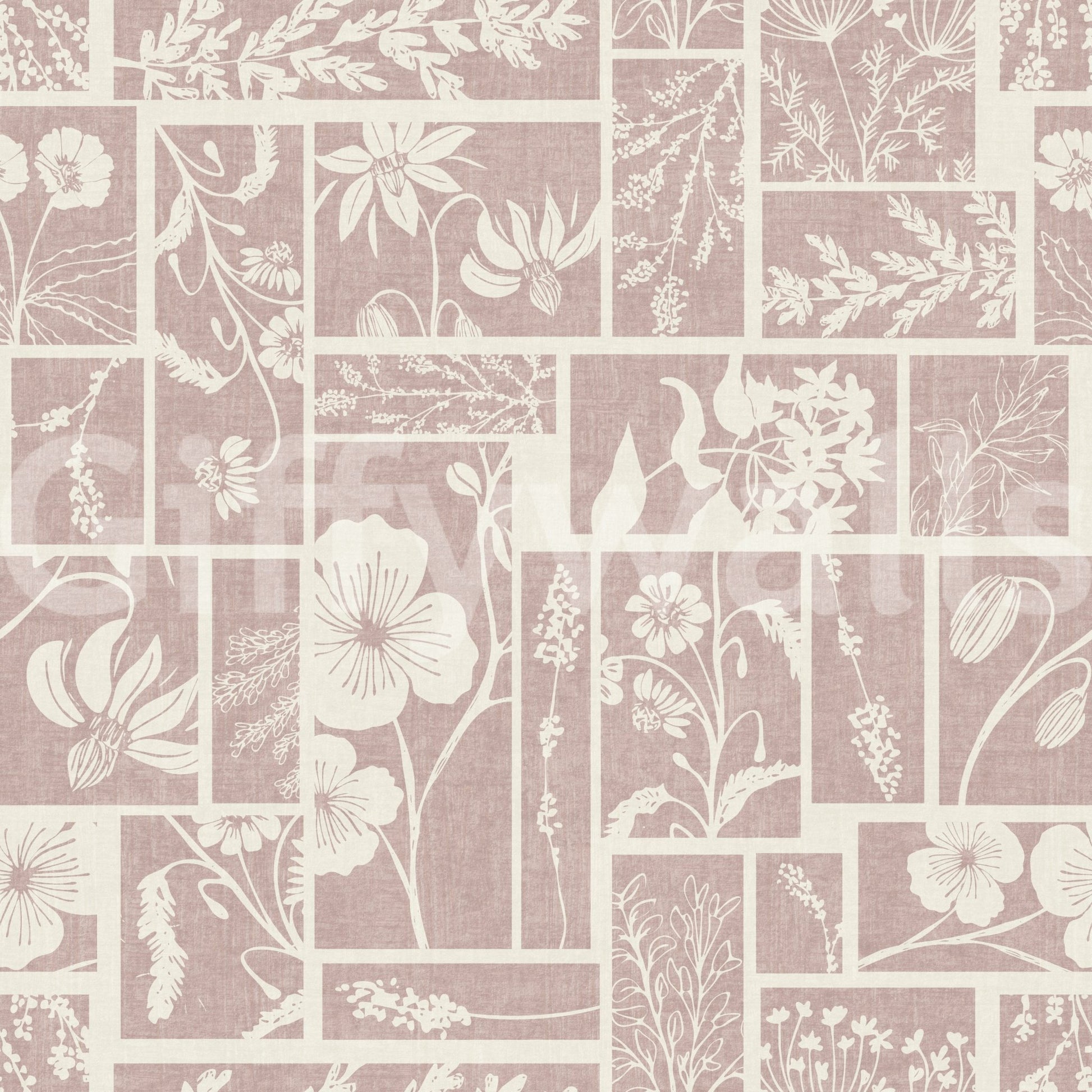 Pale blush wallpaper with floral patch panels and batik-inspired character, GD9015