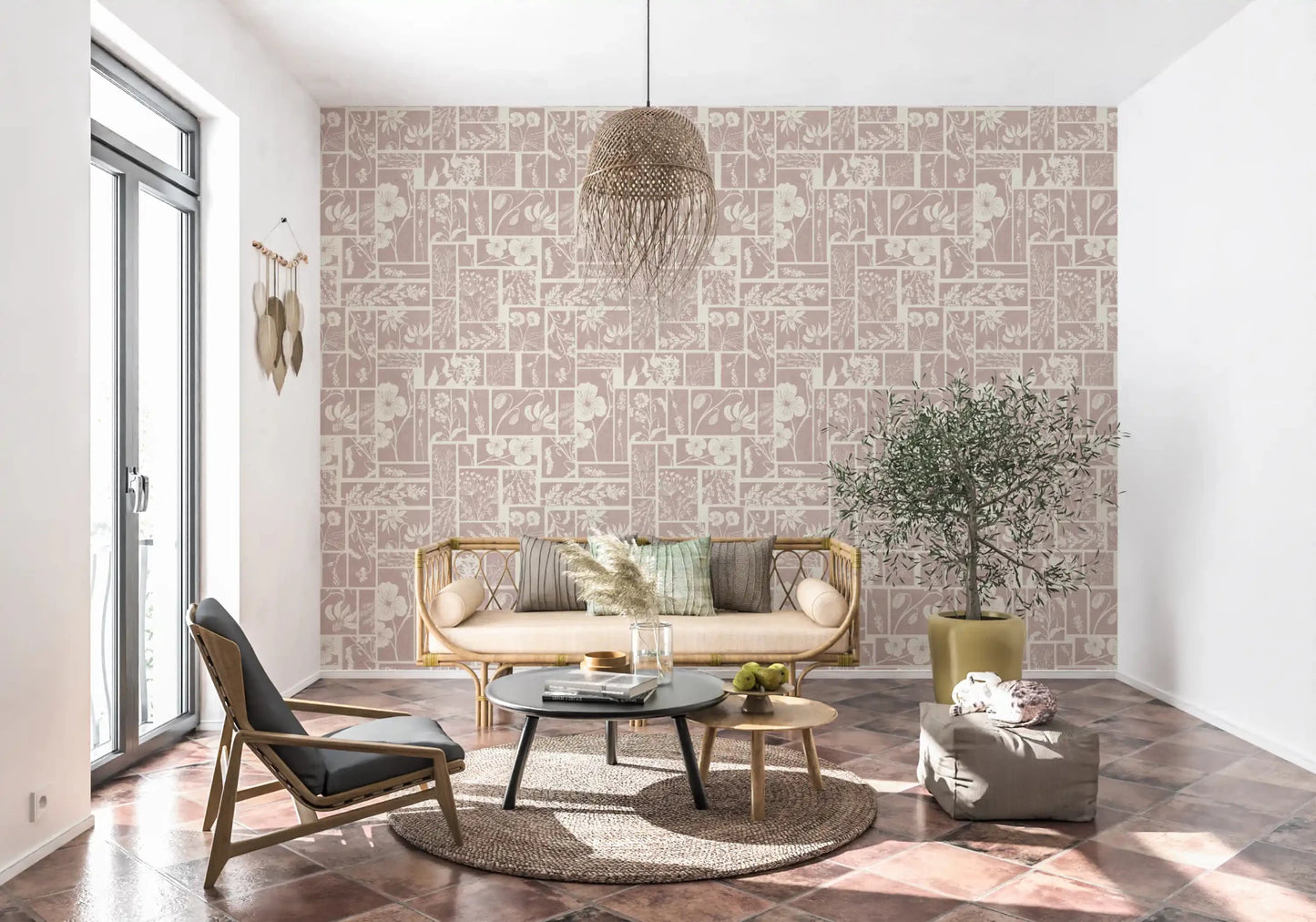 Delicate bloom sections shape this Batik wallpaper with a soft blush ground, GD9015