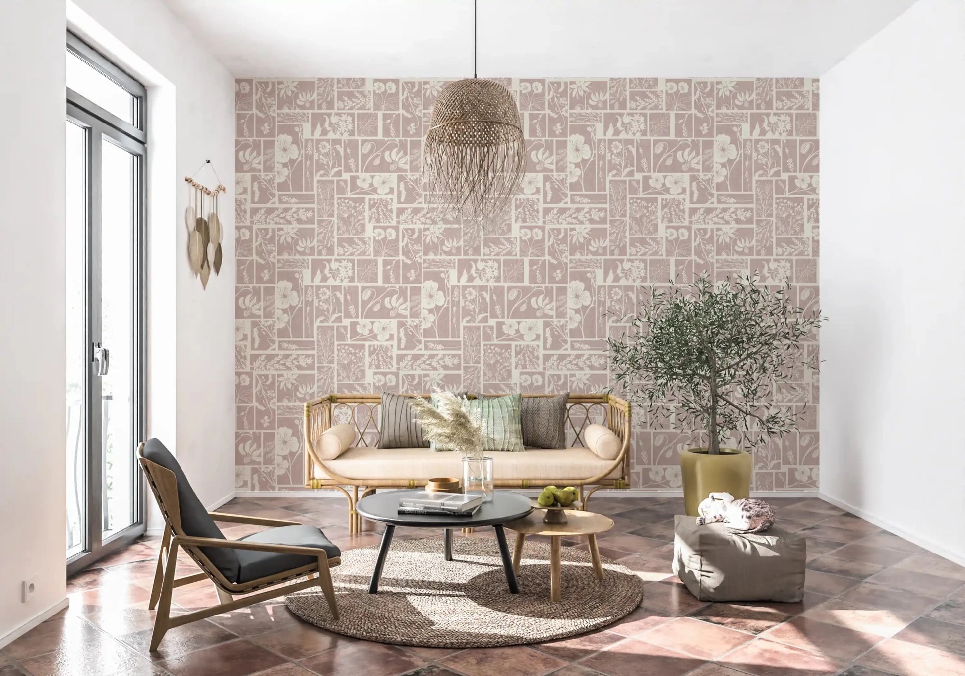 Delicate bloom sections shape this Batik wallpaper with a soft blush ground, GD9015