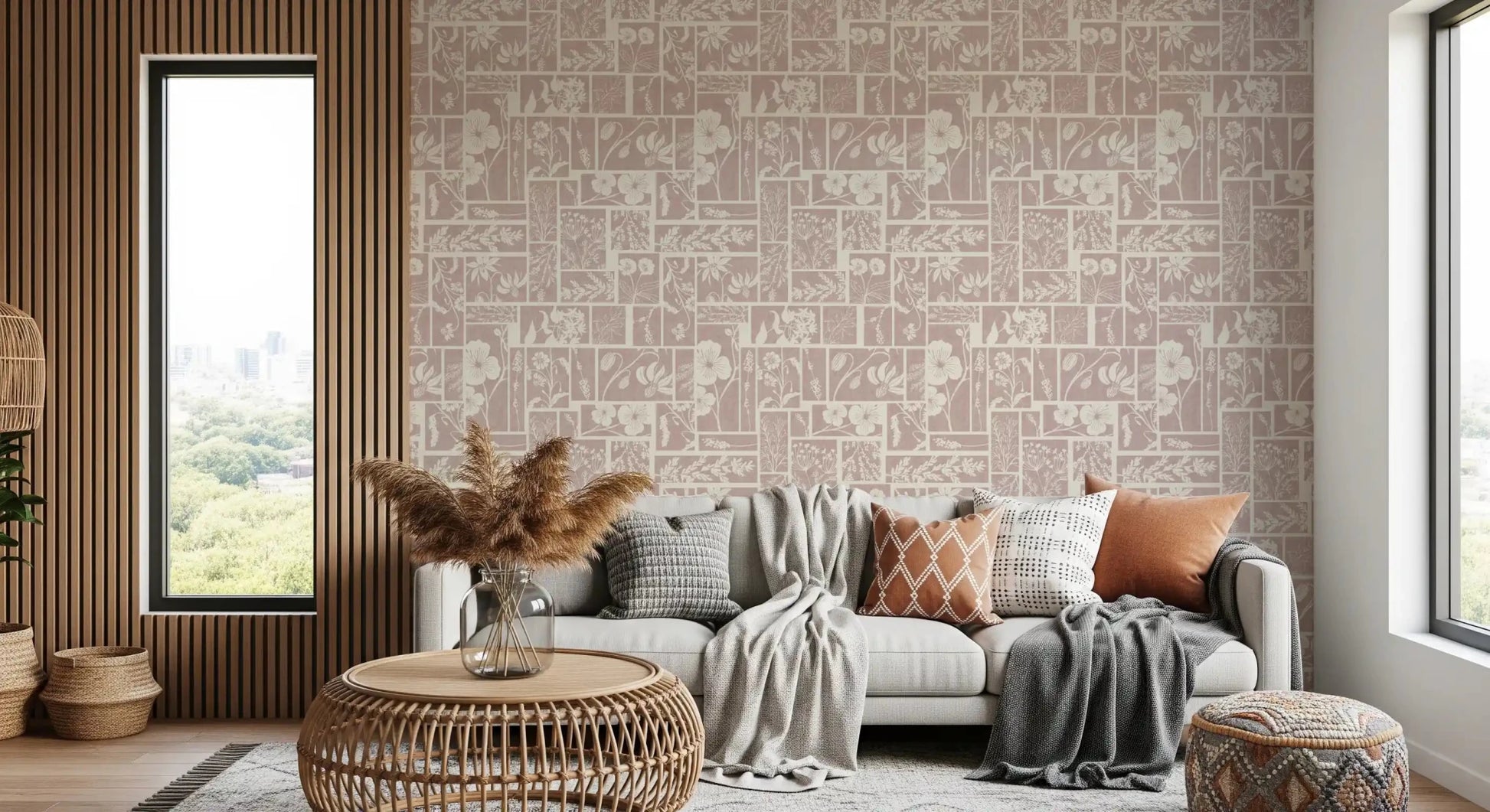 Soft floral silhouettes define this Heirloom Batik wallpaper in patchwork form, GD9015