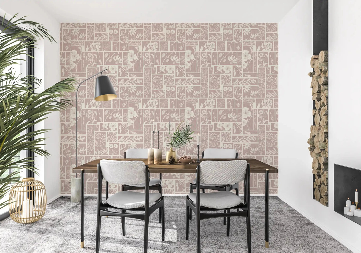 Dining styled in Heirloom Floral Patchwork Batik wallpaper with soft botanicals, GD9015
