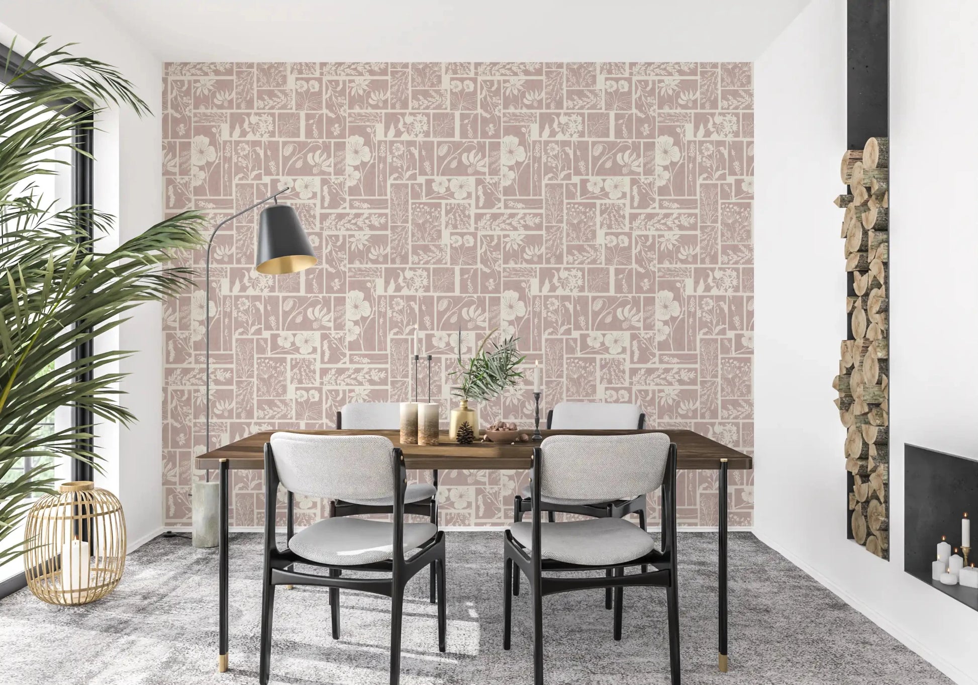 Dining styled in Heirloom Floral Patchwork Batik wallpaper with soft botanicals, GD9015