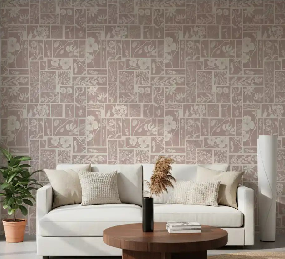 Heirloom Floral Patchwork Batik wallpaper with blush panel blocks and blooms
