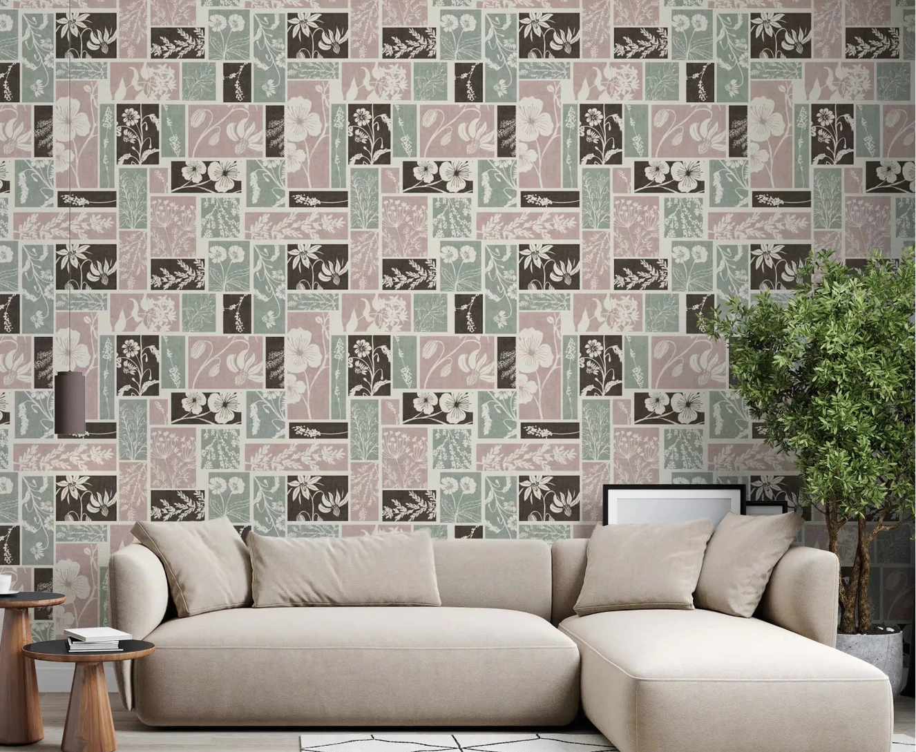 Living room with Heirloom Floral Patchwork Muted wallpaper in soft vintage panels