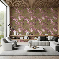 Living room with Heirloom Flowers Rose and Olive wallpaper in vintage floral style