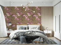 Bedroom styled in Heirloom Flowers Rose and Olive wallpaper with soft pink blooms