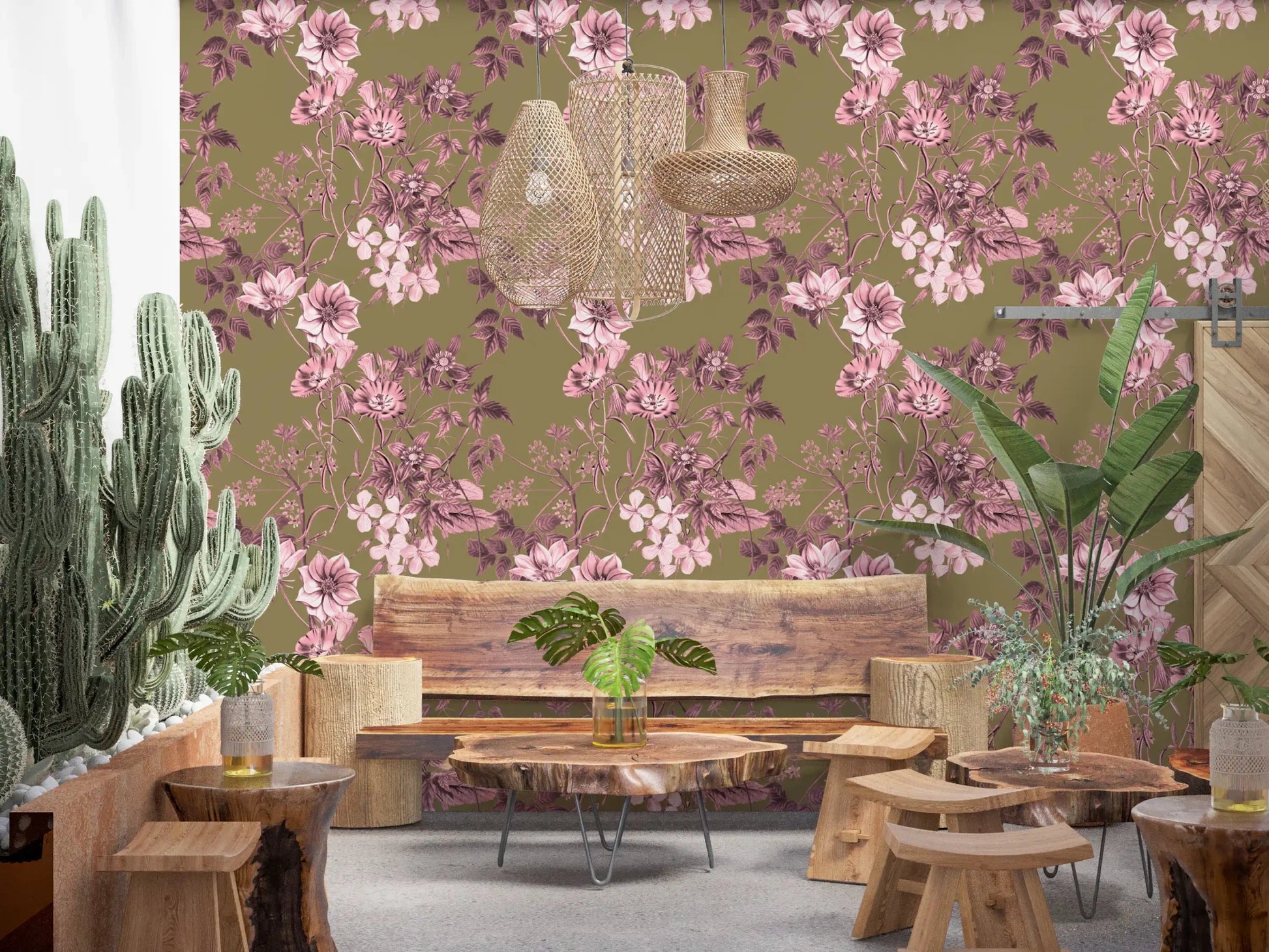 Cafe area space with Heirloom Flowers Rose and Olive wallpaper and botanical detailing