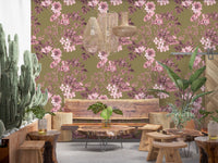 Cafe area space with Heirloom Flowers Rose and Olive wallpaper and botanical detailing