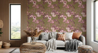 Rose and olive wallpaper with hand-drawn flowers and flowing stem details