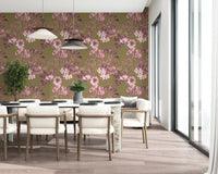 Rose botanical wallpaper with olive background and heirloom flower detailing