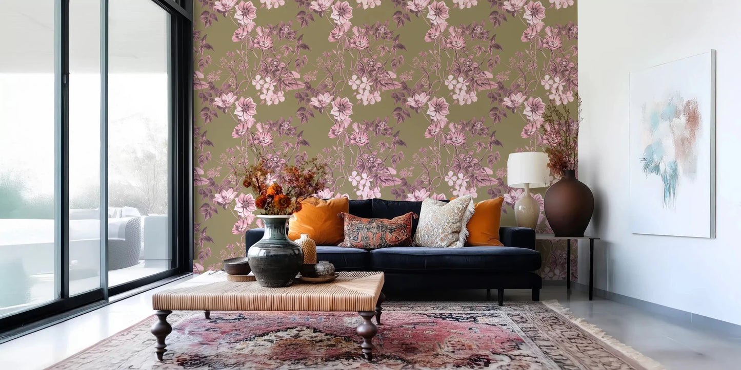 Botanical wallpaper in dusty rose and olive with antique floral styling