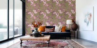 Botanical wallpaper in dusty rose and olive with antique floral styling