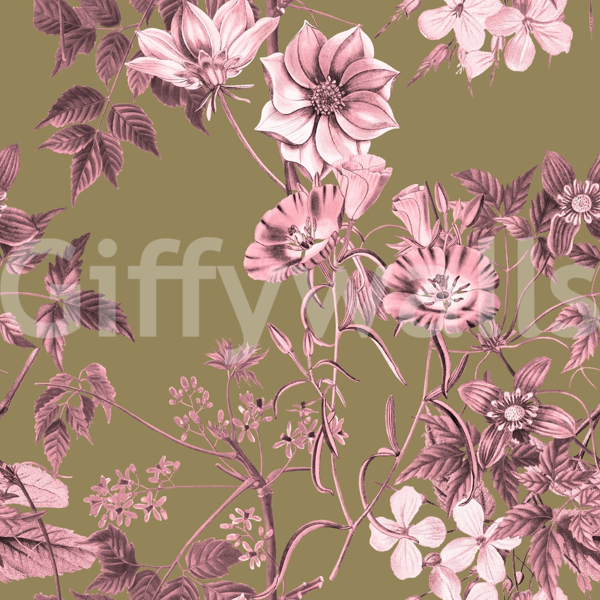 Heirloom floral wallpaper with pink petals and shaded leaves on olive base