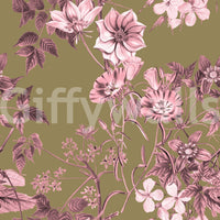 Heirloom floral wallpaper with pink petals and shaded leaves on olive base