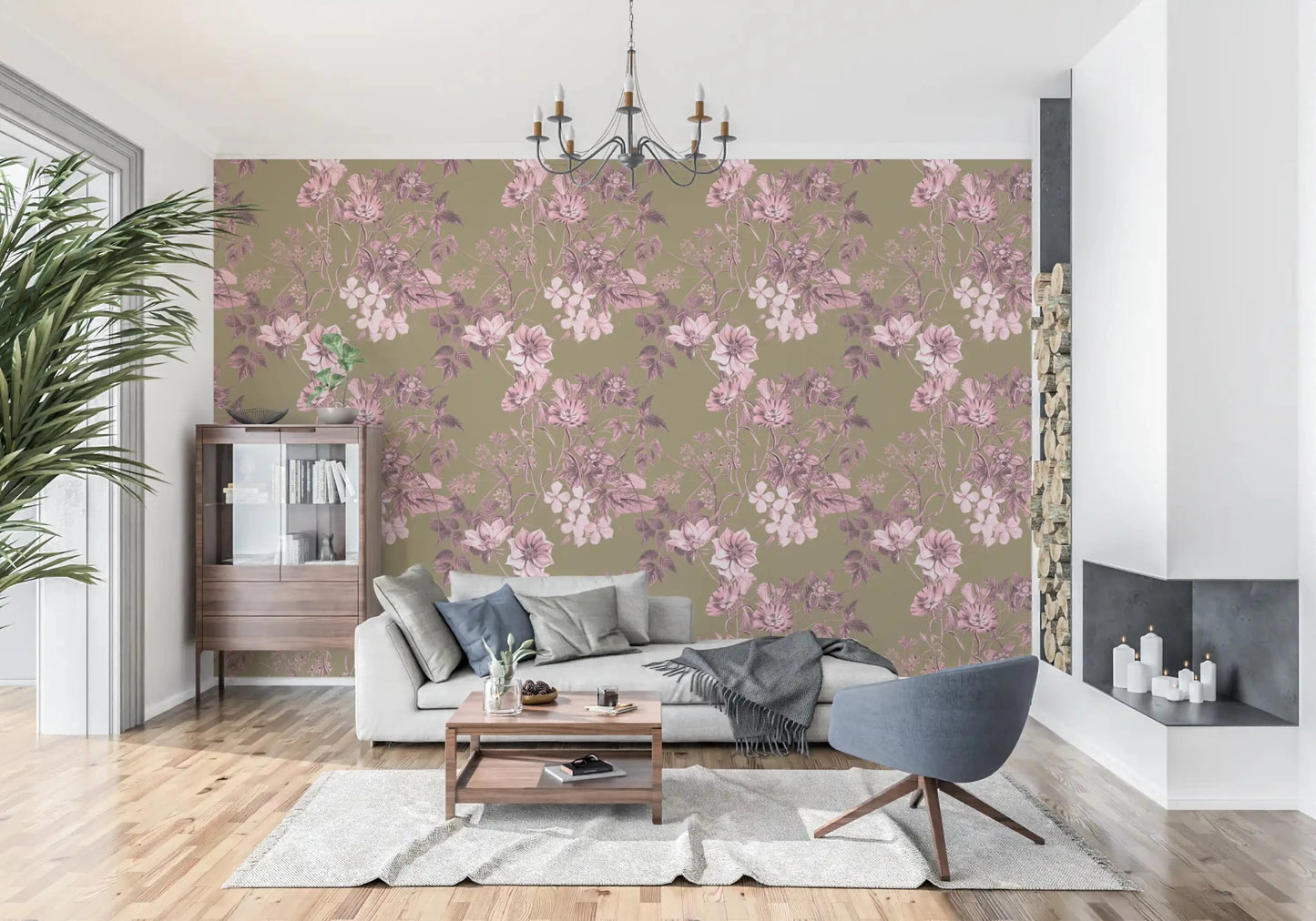 Vintage floral wallpaper in rose and olive with detailed leaf linework
