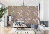 Vintage floral wallpaper in rose and olive with detailed leaf linework