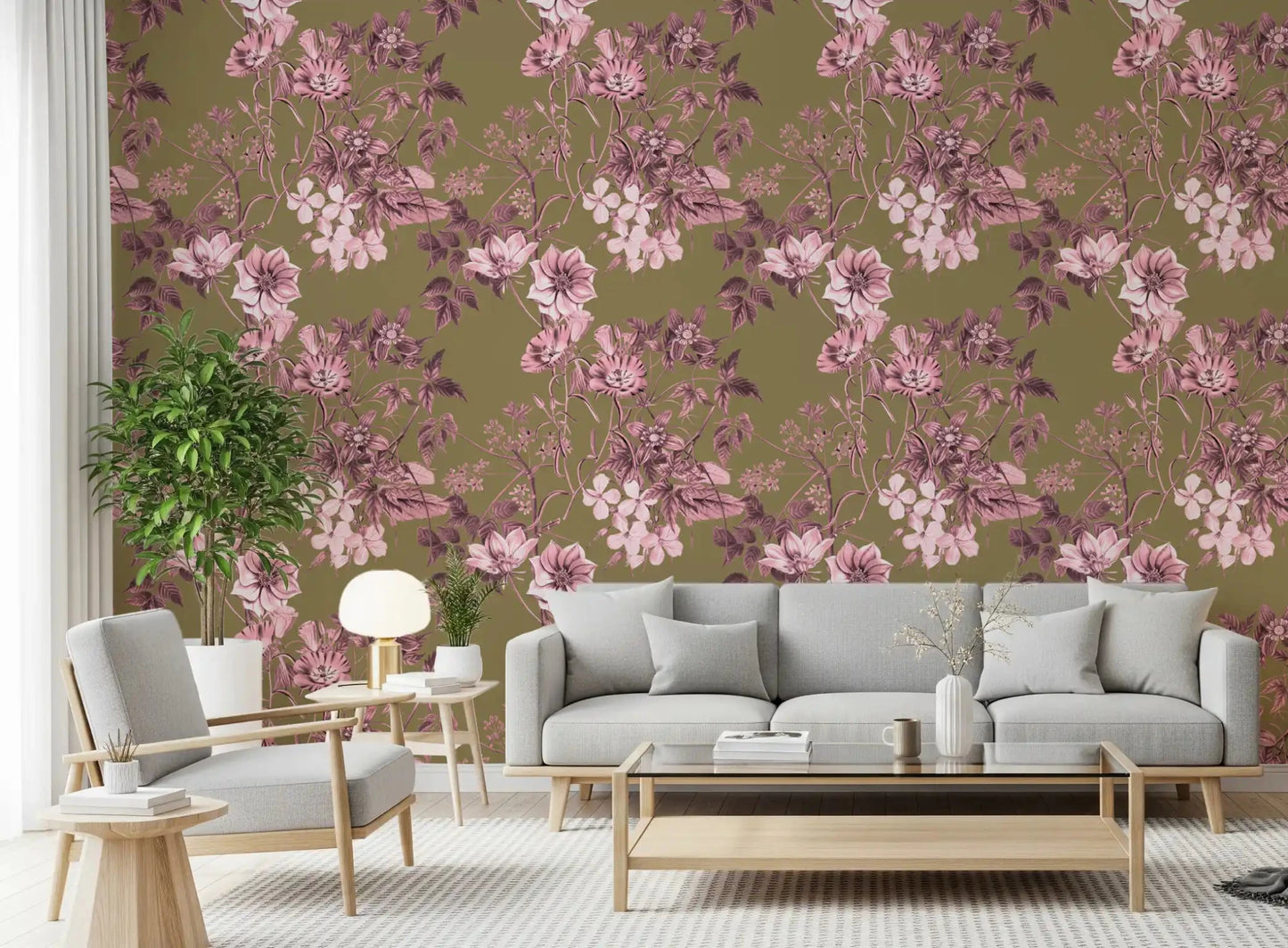Heirloom Flowers wallpaper showing soft pink blooms over muted olive tone