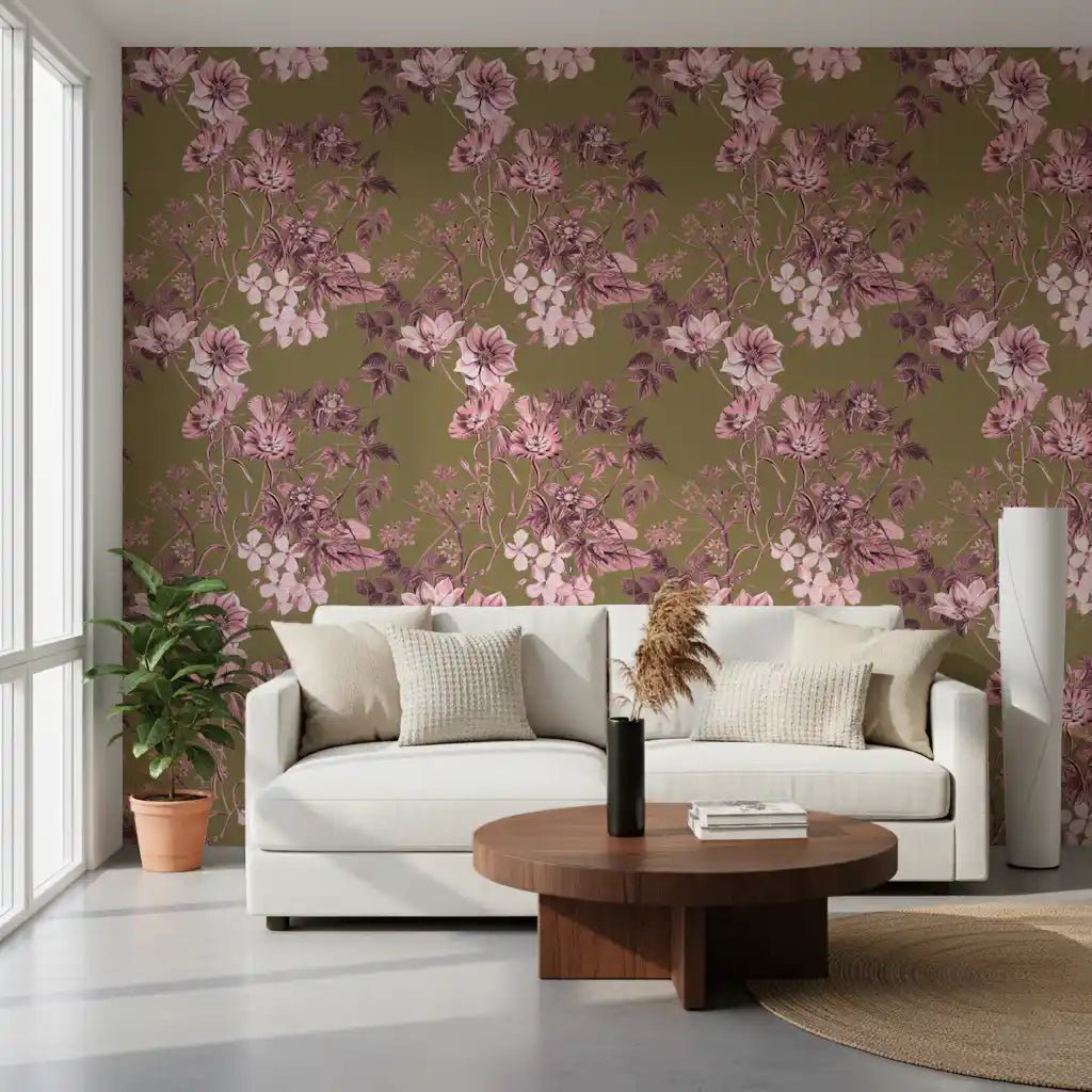 Hallway featuring Heirloom Flowers Rose and Olive wallpaper on olive background