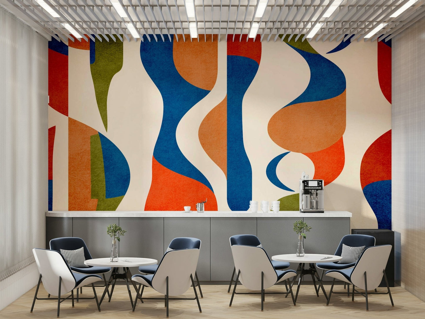 Cool color palette with whites, grays, and subtle blues.

