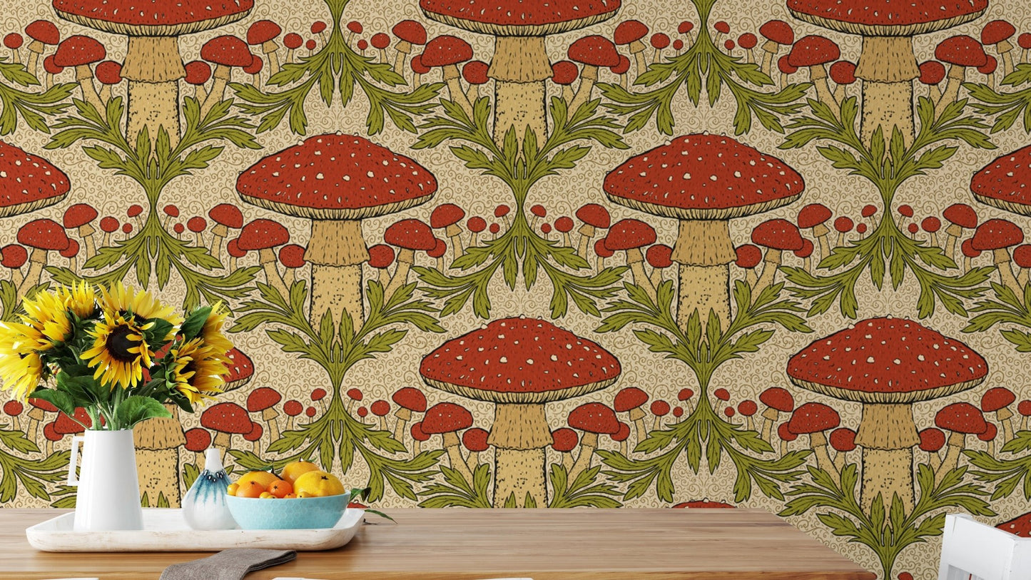 Vibrant heritage mushroom wallpaper in red for lively, dynamic walls.
