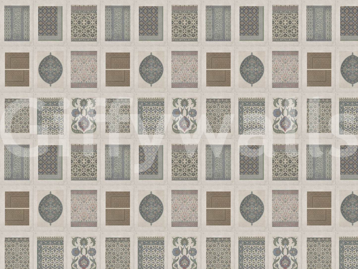 Heritage gallery style wall mural with floral and geometric panels, GD8979