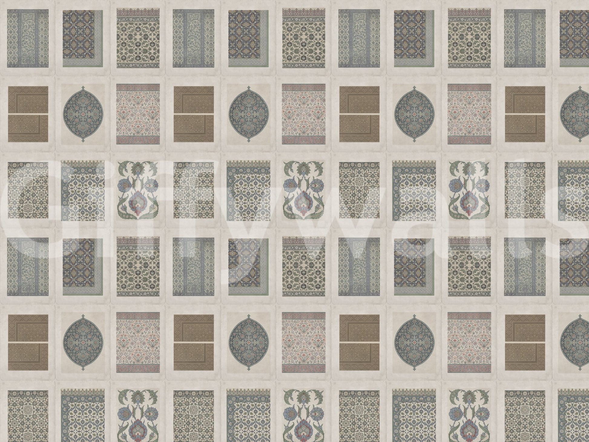 Heritage gallery style wall mural with floral and geometric panels, GD8979