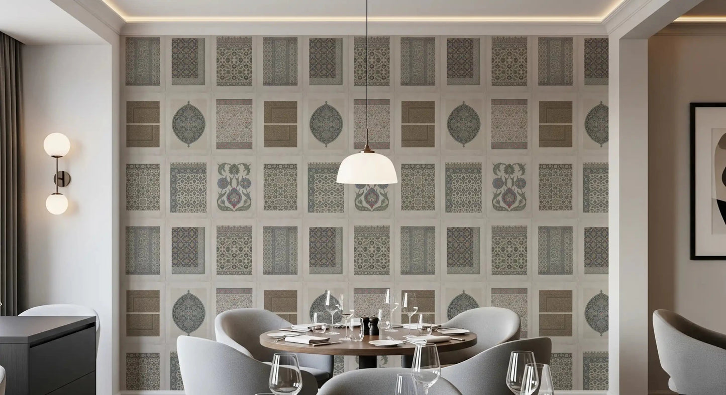 Framed heritage motif wall mural displayed in a dining room, GD8979