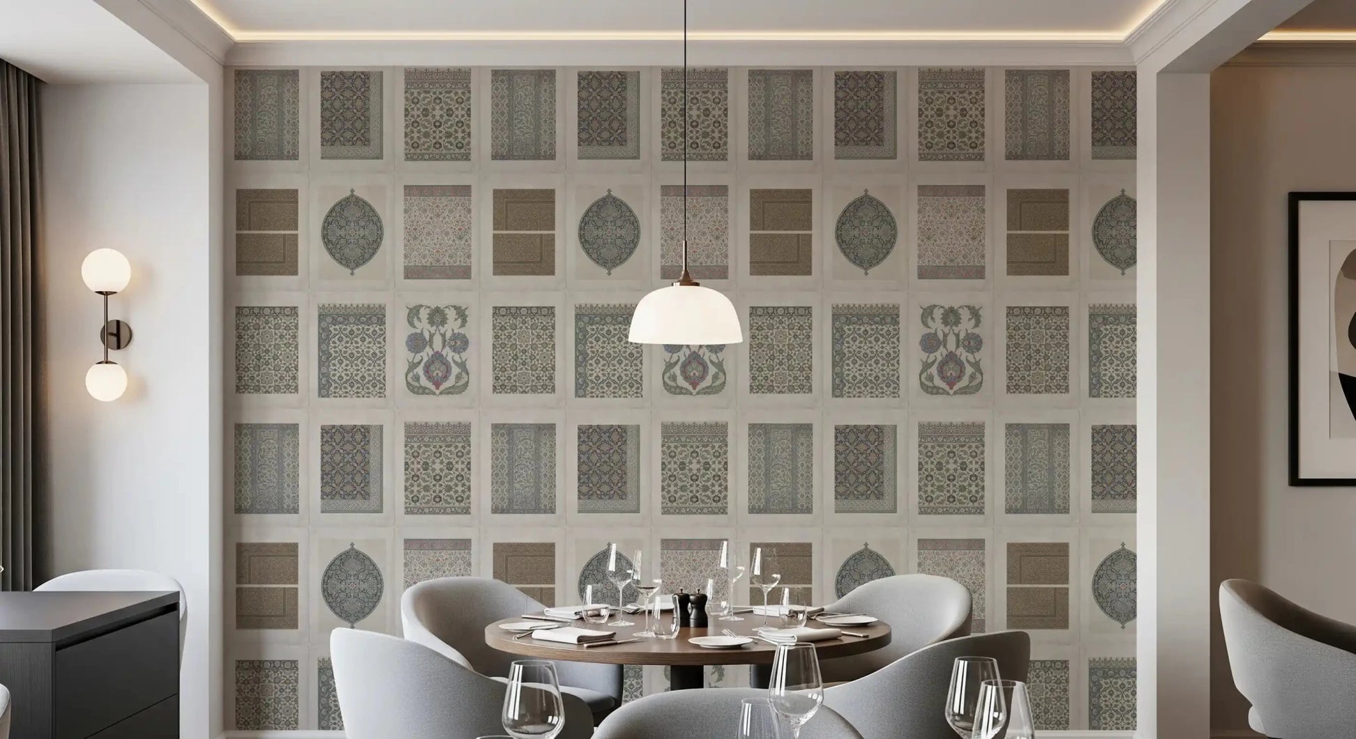 Framed heritage motif wall mural displayed in a dining room, GD8979