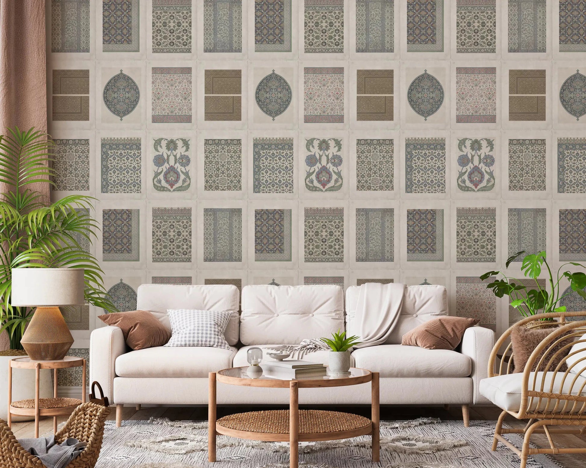 Heritage Pattern Gallery wall mural styled in a calm living room, GD8979
