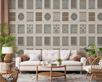 Heritage Pattern Gallery wall mural styled in a calm living room, GD8979