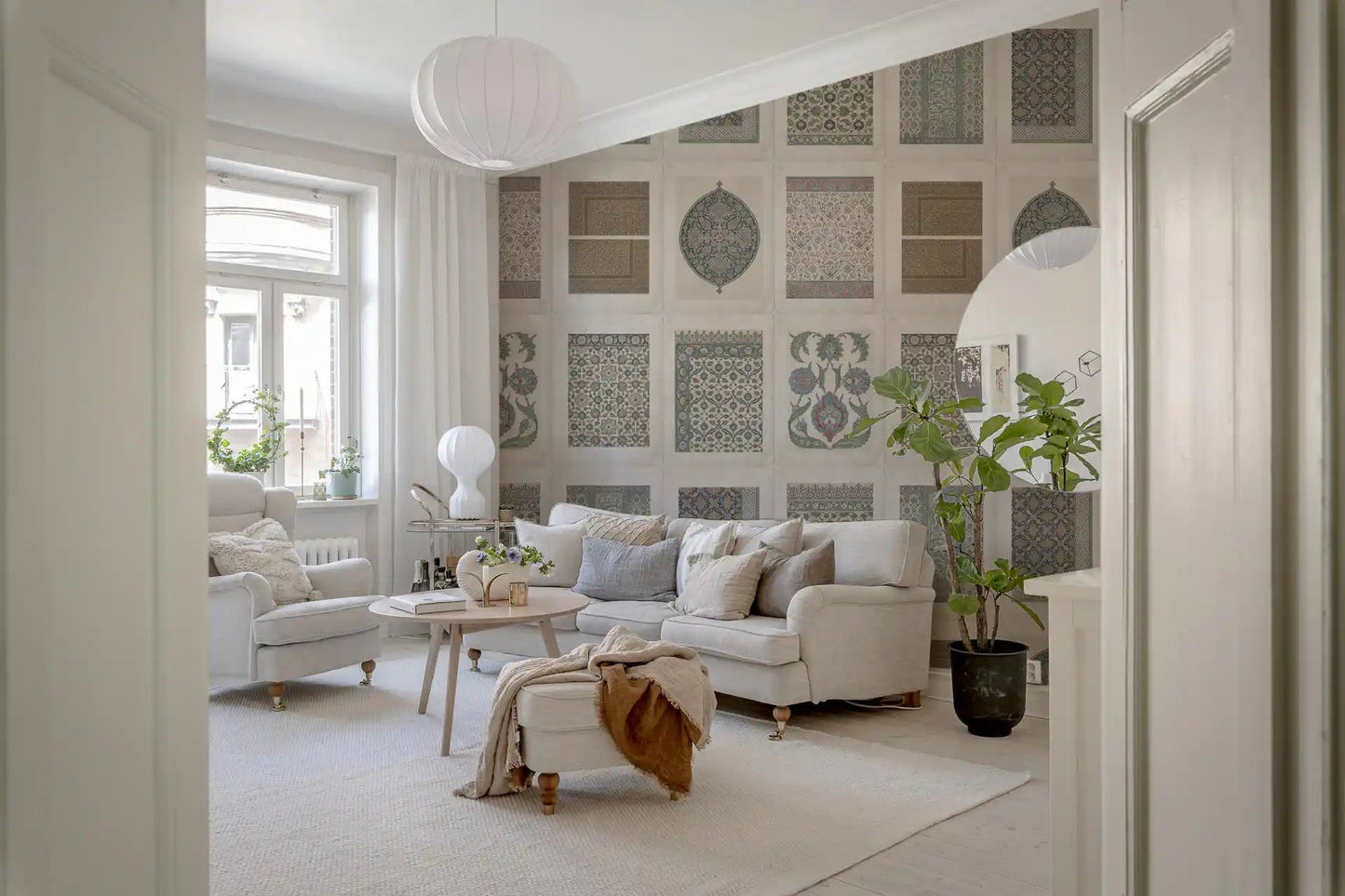 Beige and grey wall mural with a curated patchwork pattern layout, GD8979