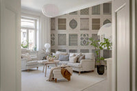 Beige and grey wall mural with a curated patchwork pattern layout, GD8979