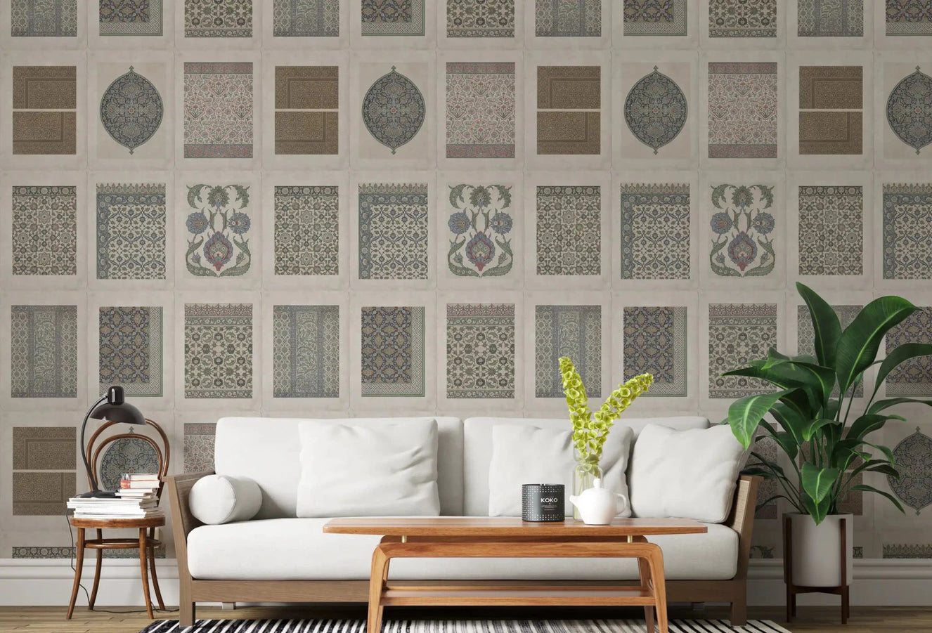 Heritage Pattern Gallery wall mural with framed vintage tile motifs