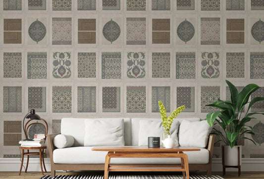Heritage Pattern Gallery wall mural with framed vintage tile motifs