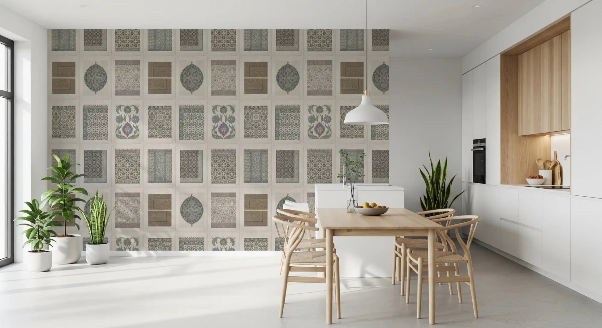 Vintage panel wall mural shown in a bright dining room, GD8979