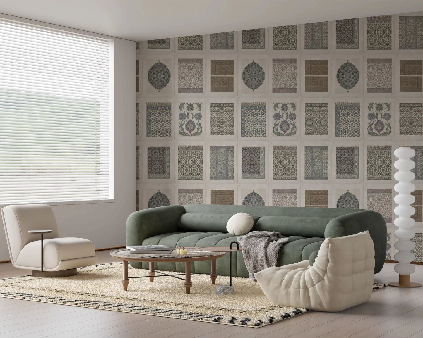 Vintage tile collage wall mural in muted earthy and dusty blue tones, GD8979