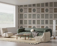 Vintage tile collage wall mural in muted earthy and dusty blue tones, GD8979