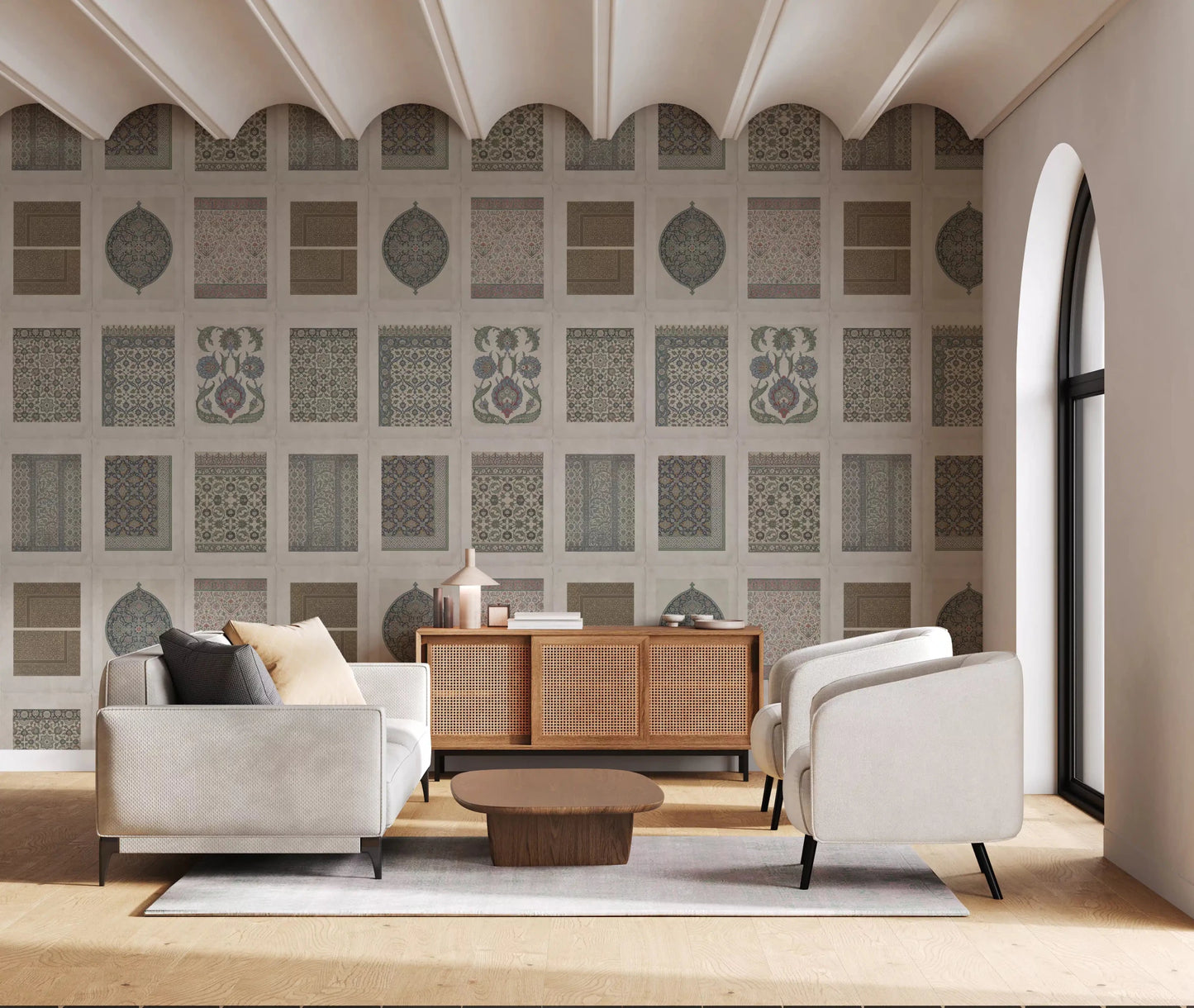 Neutral wall mural with medallions, panels, and classic heritage blocks, GD8979
