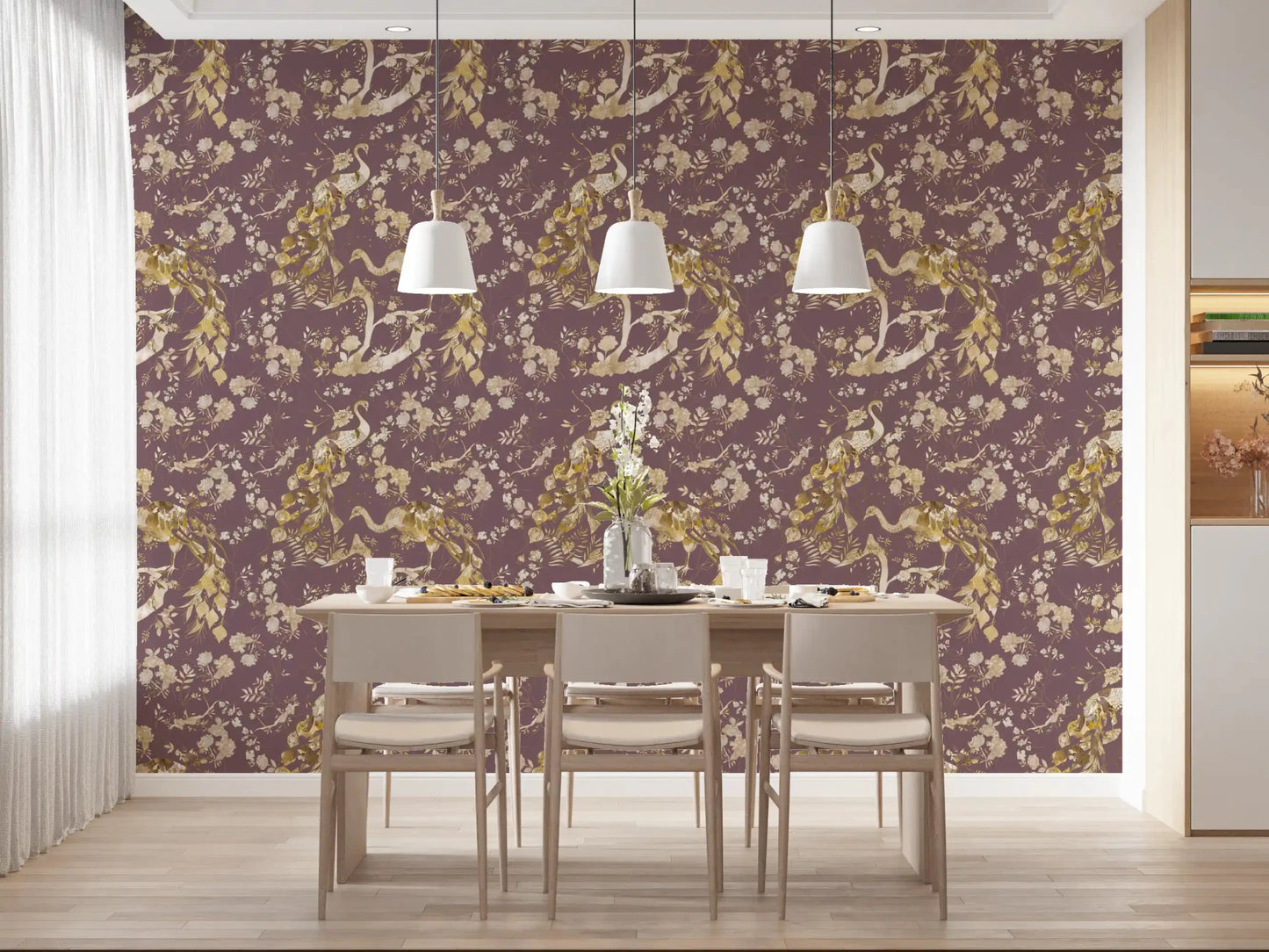 Dining room wall with Heritage Plum Bird & Floral Wallpaper and gold detail