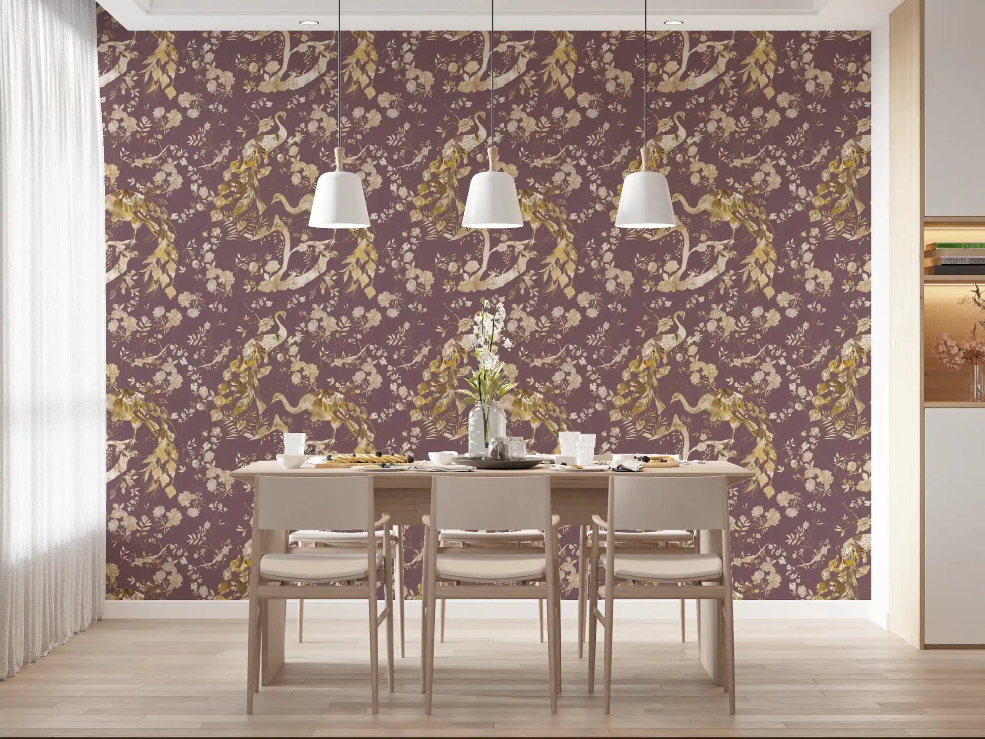 Dining room wall with Heritage Plum Bird & Floral Wallpaper and gold detail